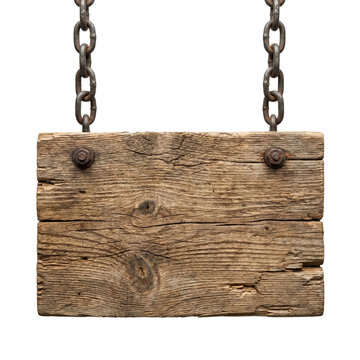 Old wooden hanging sign board with rusty chains on transparent background