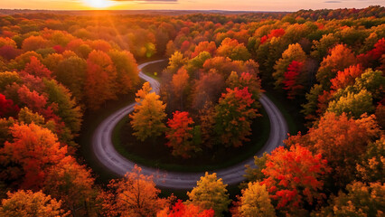 Winding road through vibrant autumn forest at sunset fall trees image