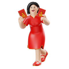 3D Render of Woman Holding Red Envelopes