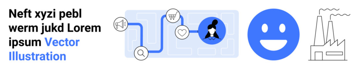Fototapeta premium Business processes, technology integration, industrial revolution, communication tools, innovation, productivity. Visual elements include a flowchart, icons of tools, a happy face and a factory