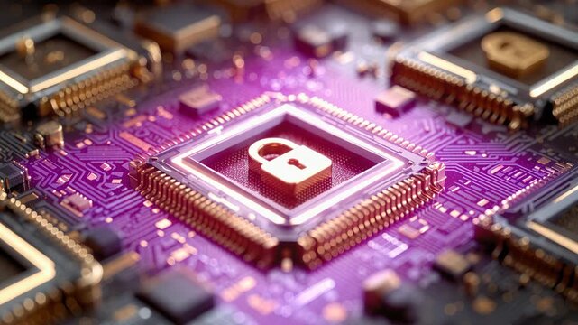 Cybersecurity concept with padlock on cpu microchip.