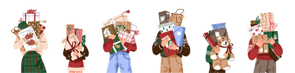 People hold piles of Christmas gifts set. Men and women with heaps of wrapped boxes, bags and packs of New Year presents. Stacks of Xmas surprises in hands. Flat isolated vector illustrations on white