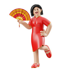 Cartoon Woman in Cheongsam with Hand Fan