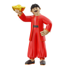 3D Man Holding Gold Ingot for Chinese New Year