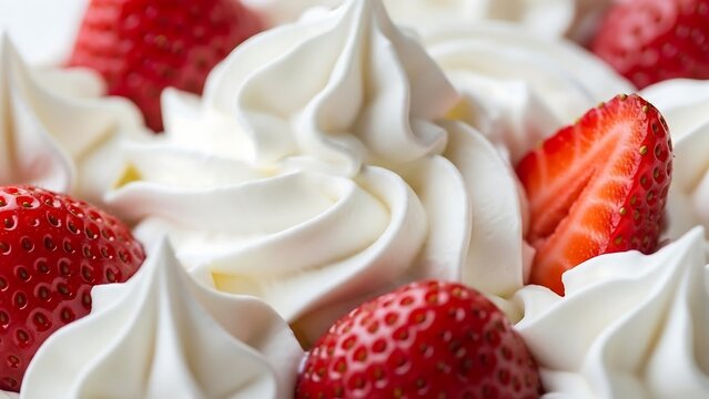 Delicious strawberries on whipped cream dessert.