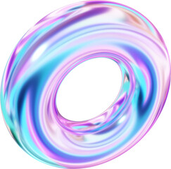 3d holographic gradient purple and blue torus shape clipart, pastel iridescent fluid abstract form isolated. Render of geometric illustration