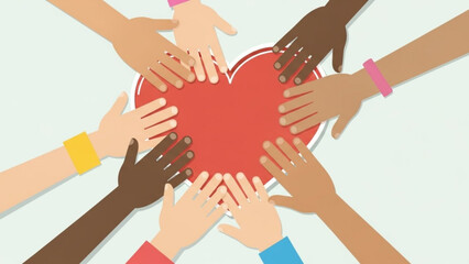 Diverse hands reaching towards a red heart symbolizing unity community and love flat vector illustration for concept design