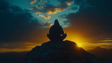 Silhouette of a person meditating in a yoga pose on a mountain peak against a dramatic sunset or sunrise sky, symbolizing peace and spiritual tranquility.