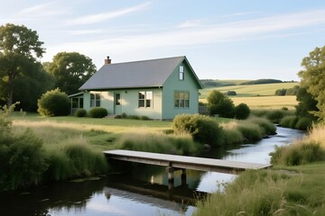 Obraz premium Quiet pastel country cottage beside a winding stream and wooden footbridge