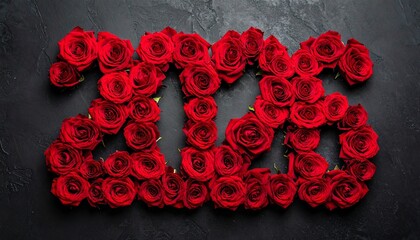  “2026” formed with red roses on dark surface, scattered petals and green leaves for romantic flair.