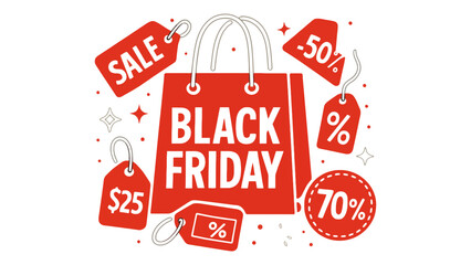 Exciting Black Friday sale with shopping bag and discount tags, perfect for seasonal promotions.