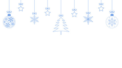 A blue Christmas banner with hanging trinkets for greetings. New Year's card with winter holidays on a transparent background. Vector illustration. © HasVID