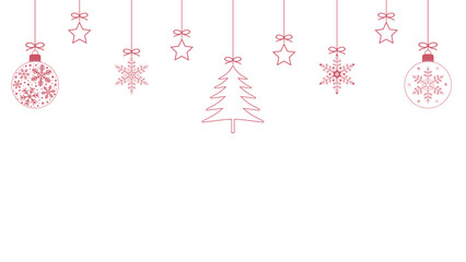 A red Christmas banner with hanging trinkets for greetings. New Year's card with winter holidays on a transparent background. Vector illustration. © HasVID