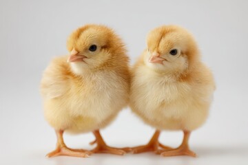 Fototapeta premium Two fluffy baby chicks on a pristine white background with soft studio lighting