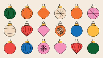 Colorful christmas ornaments on cream background holiday
