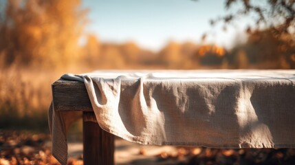 Unadorned wooden surface with tablecloth in a calm autumn woodland park scene