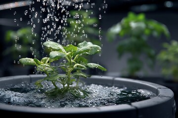 A close-up of a vibrant green plant being watered in a hydroponic system, showcasing sustainable growth.