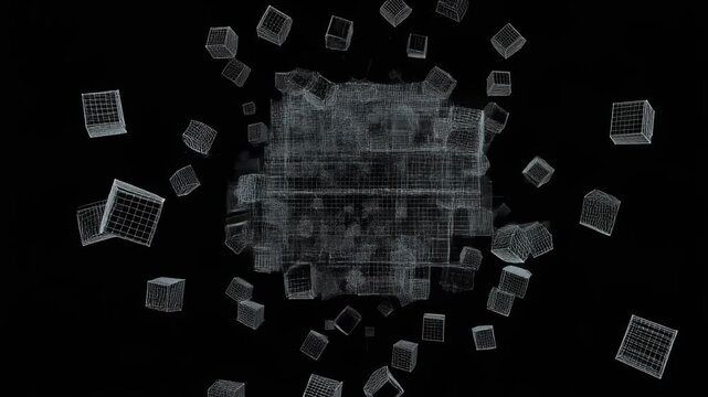 A complex digital wireframe structure surrounded by numerous smaller translucent cubes on a black background, representing data or abstract technology.