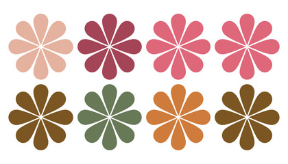 Colorful flower shapes in various shades on white background pastel