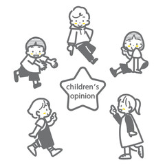 情報を紹介する子供たち　お洒落でかわいい線画イラスト