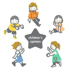 情報を紹介する子供たち　お洒落でかわいい線画イラスト