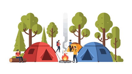 Flat vector illustration of people camping in a lush forest with colorful tents, a warm campfire, and green trees. Ideal for outdoor adventure and travel themes. © CHAMOD 
