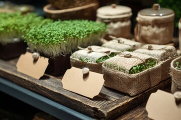 A rustic display of fresh microgreens in burlap sacks with blank tags on a wooden table.