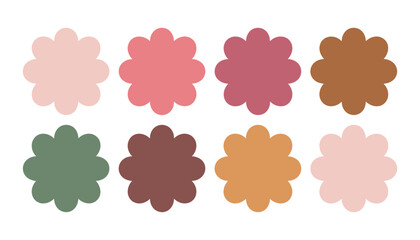 Eight pastel flowers in various earthy tones on white background colorful
