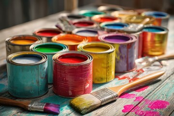 Obraz premium Vibrant acrylic paints in metal cans with paintbrushes on a rustic workspace