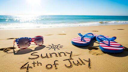 Sunny 4th of july celebration on a beautiful beach with patriotic sunglasses and flip-flops
