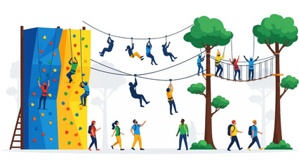 Adventure Park Vector Illustration with People Rock Climbing Ziplining and High Ropes Course Activities in a Forest Setting for Active Outdoor Leisure Sports. © CHAMOD 