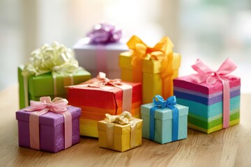 Fototapeta premium Vibrant Gift Boxes Arranged in a Festive Display of Colorful Wrapping