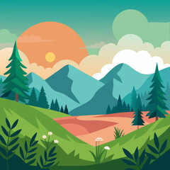 Peaceful Green Valley with Mountains and Sun Vector Landscape Illustration