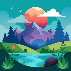 Colorful Mountain Lake Landscape with Pine Trees and Sunrise Vector Illustration