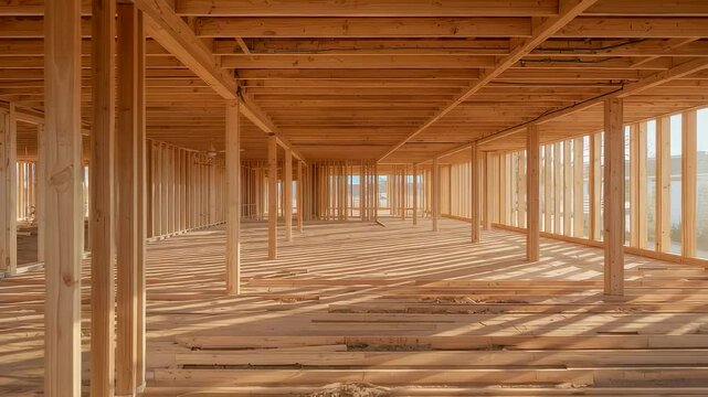 Empty Wooden Framework Interior Large Open Space Timber Beams Columns Sunlight Construction Site