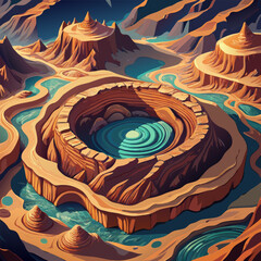A surreal landscape featuring a circular oasis amidst rugged desert mountains