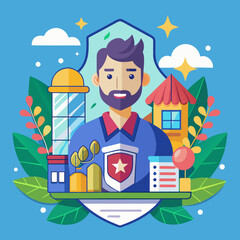 Modern Businessman with City Buildings and Shield Concept Vector Illustration