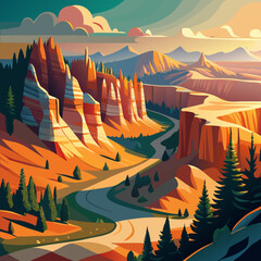 A vibrant illustrated landscape featuring winding river and towering rock formations