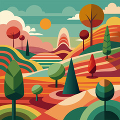 Abstract landscape with stylized trees hills and a vibrant sunset sky