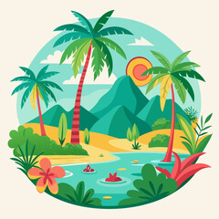 Tropical Island Landscape with Palm Trees, Mountains and River Vector Art