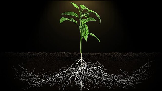 Young green plant with detailed root system growing in soil, cross-section illustration of plant anatomy and development