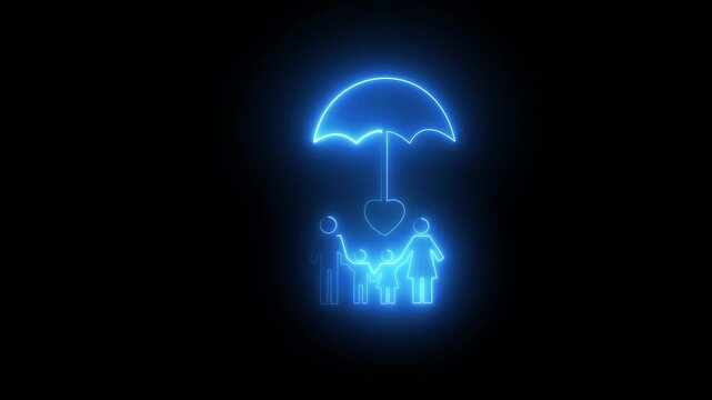 The glowing family icon in frame covering protect. Health insurance and medical welfare concept. Future healthcare planning on the black background 4k animation 