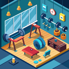 Home Gym Interior with Weightlifting Equipment and Fitness Setup Vector Illustration