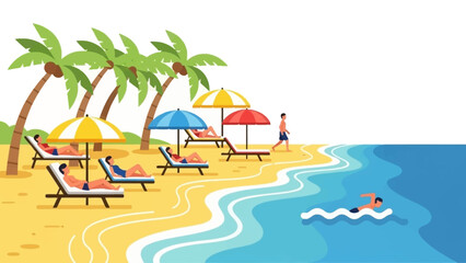 Flat vector illustration of a tropical beach resort with people sunbathing on lounge chairs under colorful umbrellas, palm trees, and a person swimming in sea.
