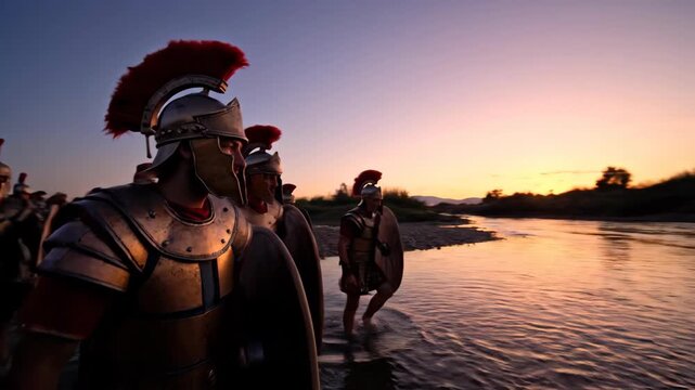 Roman legionaries crossing river at sunset. Historical battle reenactment and war training footage.