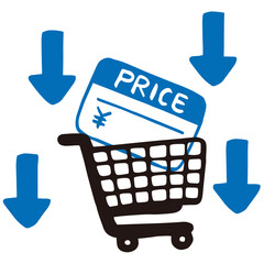 Shopping Basket with Price Tags and Down Arrow Vector &ndash; Deflation Concept