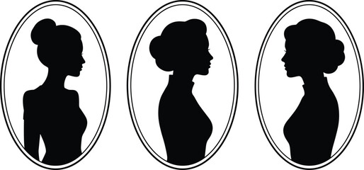Victorian Style Female Silhouette Cameo Set Vector Illustration in Oval Frames for Wedding Invitations, Vintage Logos, or Graphic Design.