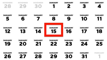 Close-up of the date January 15th marked with a red cursor on the wall calendar 2026