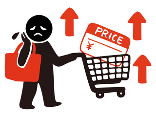 Shopping Basket with Price Tags and Up Arrow Vector &ndash; Inflation Concept