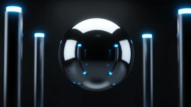 Suspended metallic sphere rotating slowly in electromagnetic field. Levitating orb with glowing blue poles. Scientific experiment visualization footage.